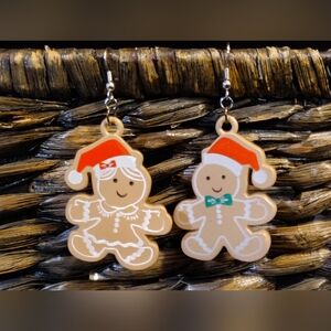 Handmade Earrings Gingerbread Couple Holiday Christmas - Nickel Free Hooks